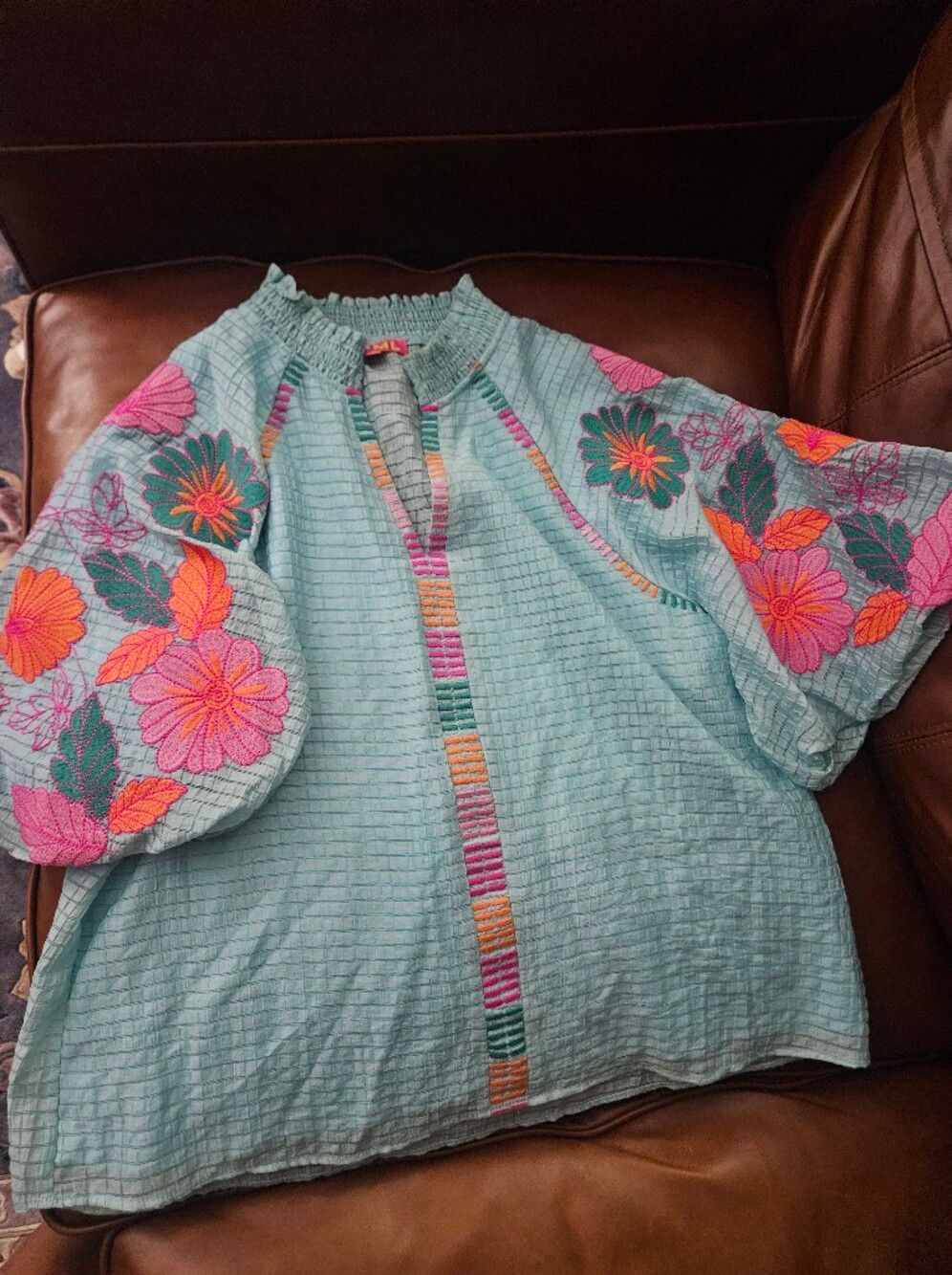THML Medium Blue Floral Embroidered Puff Sleeve Tencel Blouse Nwot - Picture 2 of 6